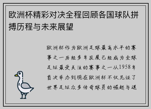 欧洲杯精彩对决全程回顾各国球队拼搏历程与未来展望