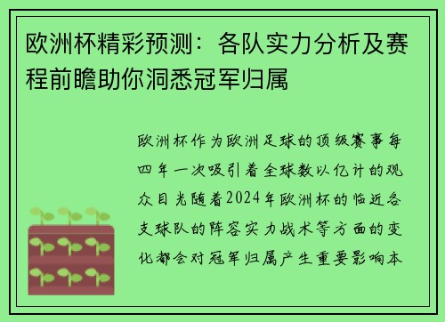 欧洲杯精彩预测：各队实力分析及赛程前瞻助你洞悉冠军归属